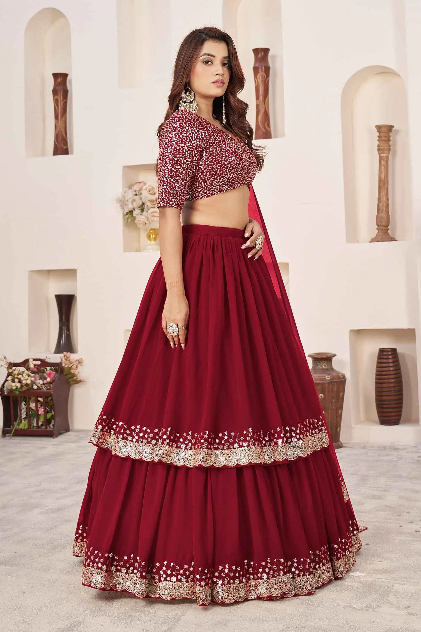 Red Designer Georgette Lehenga With Sequins And Zari embroidery Work