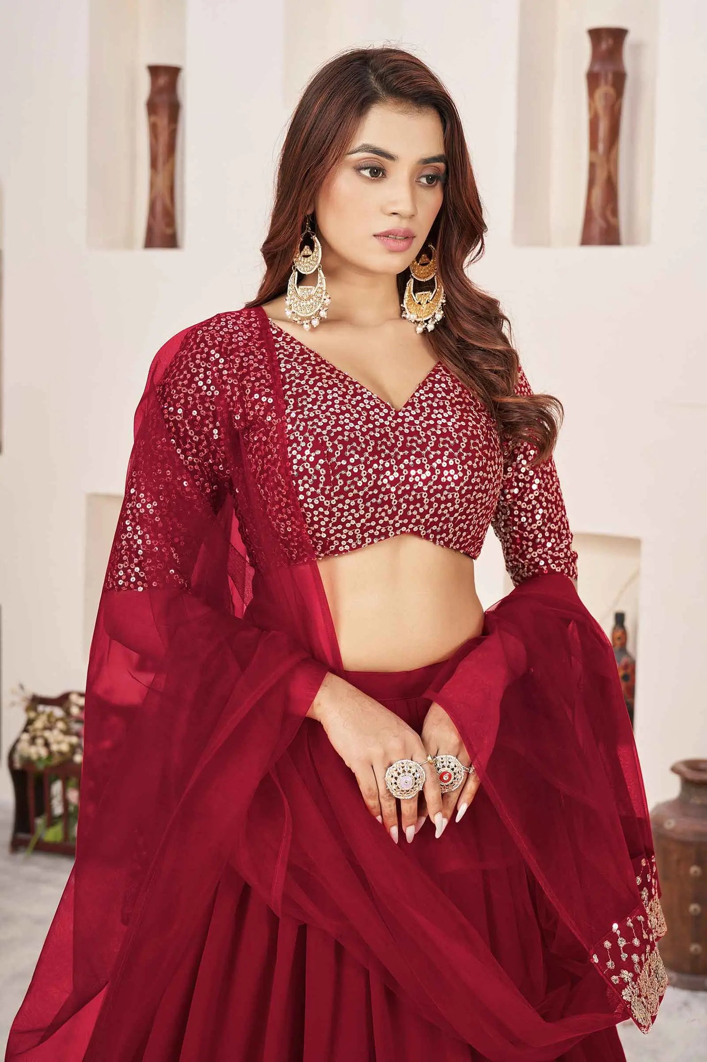 Red Designer Georgette Lehenga With Sequins And Zari embroidery Work