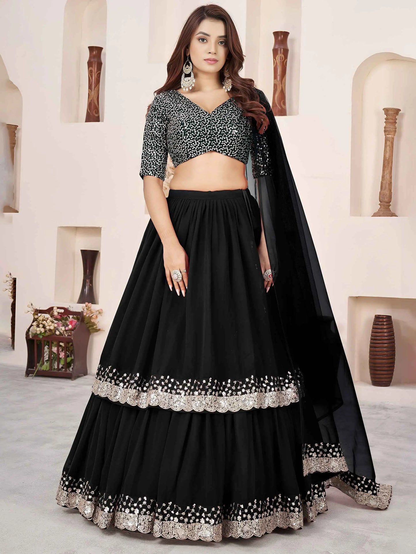 Black Sequins Zari Embroidery Work Lehenga