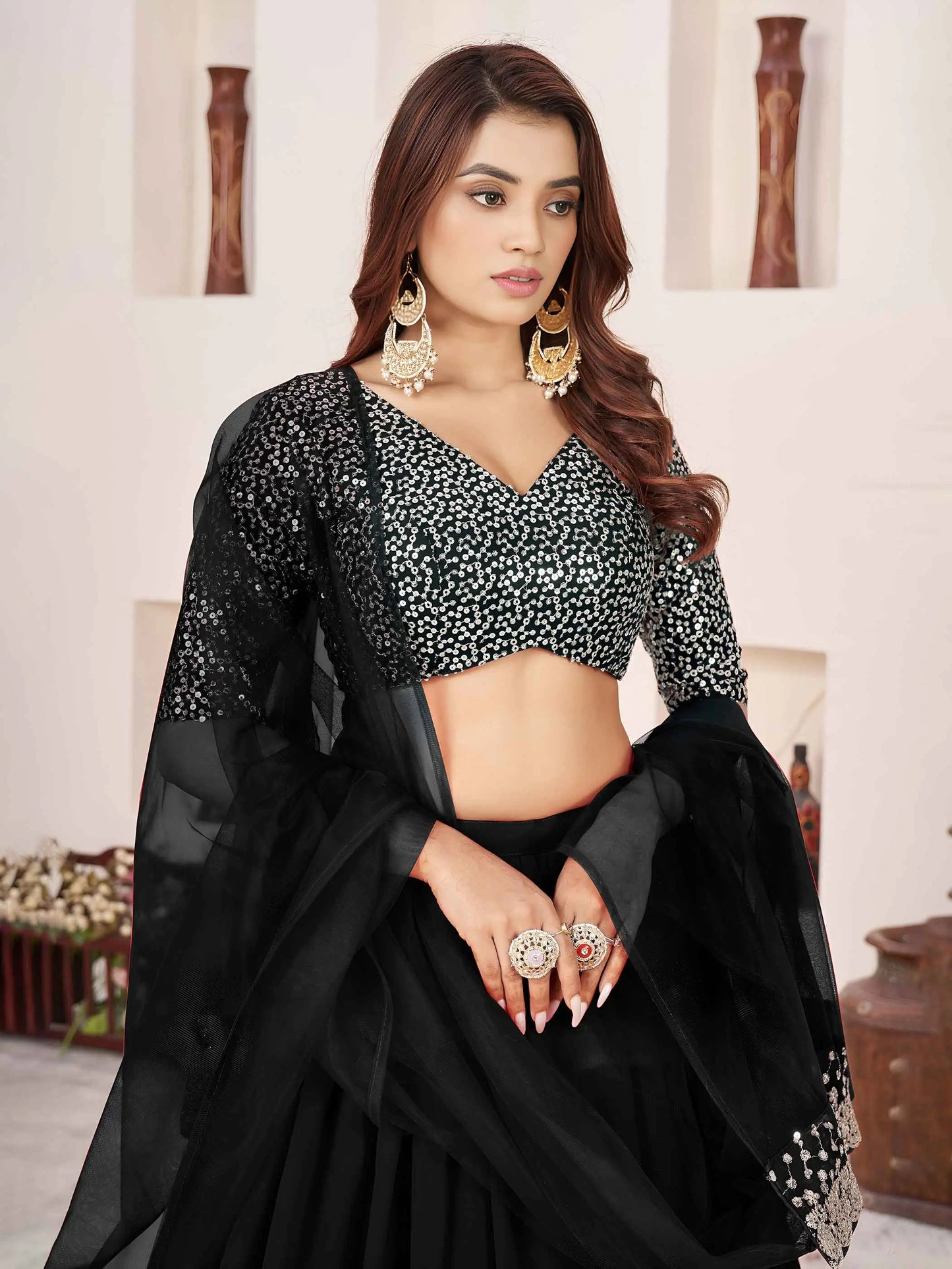 Black Sequins Zari Embroidery Work Lehenga