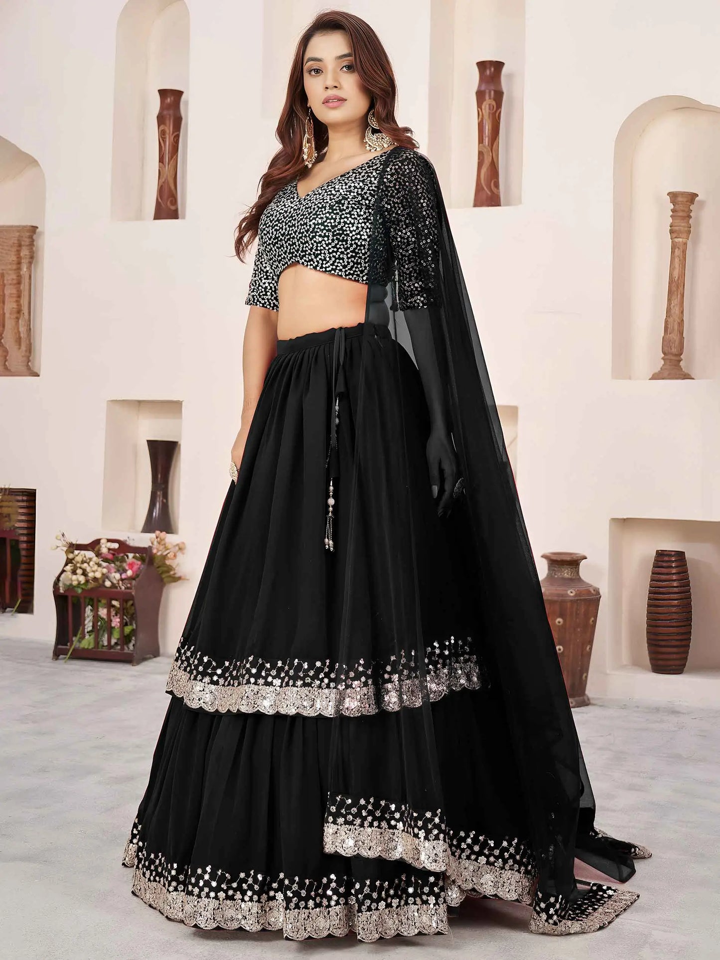 Black Sequins Zari Embroidery Work Lehenga