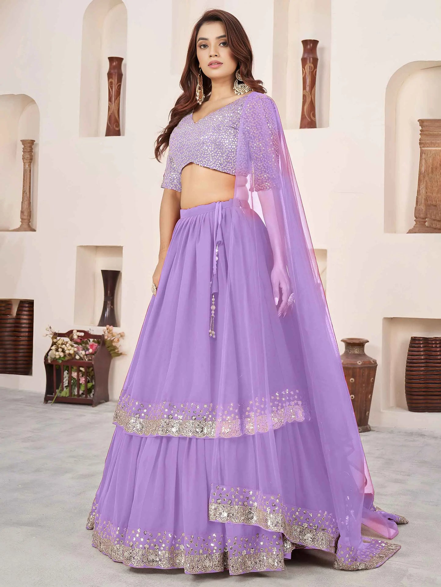 Lavender Sequins Zari Embroidery Work Lehenga