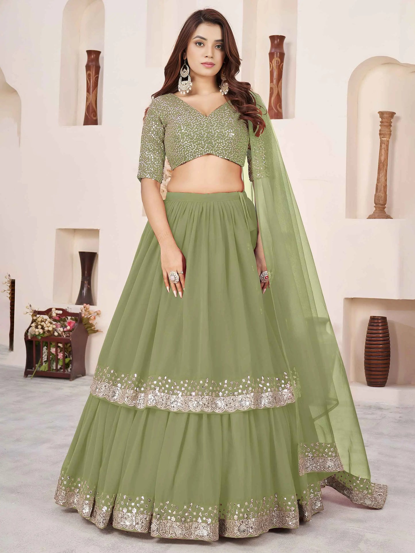 Olive Sequins Zari Embroidery Work Lehenga