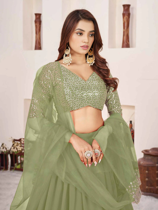 Olive Sequins Zari Embroidery Work Lehenga