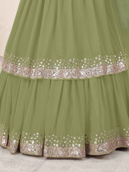 Olive Sequins Zari Embroidery Work Lehenga