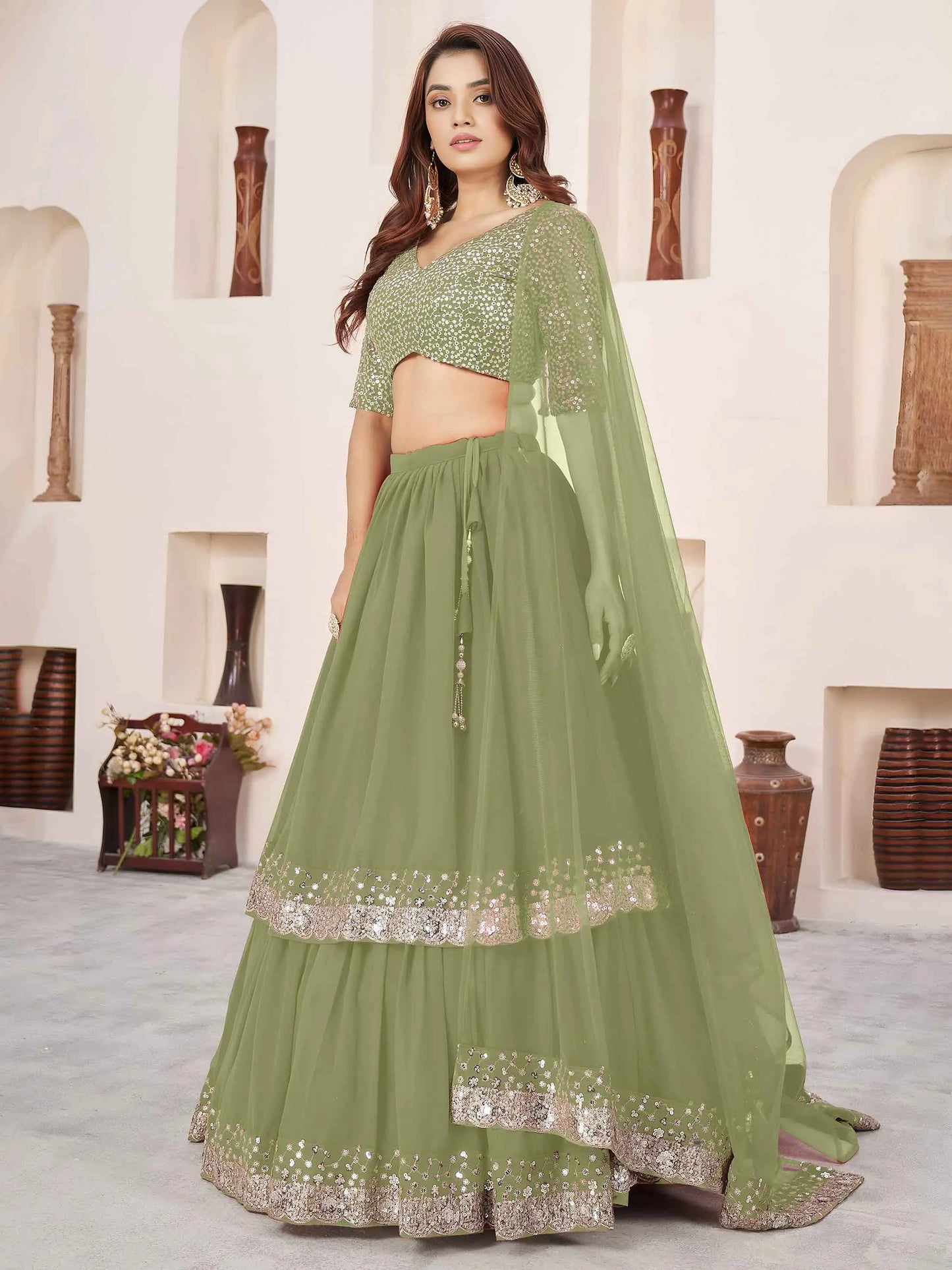 Olive Sequins Zari Embroidery Work Lehenga