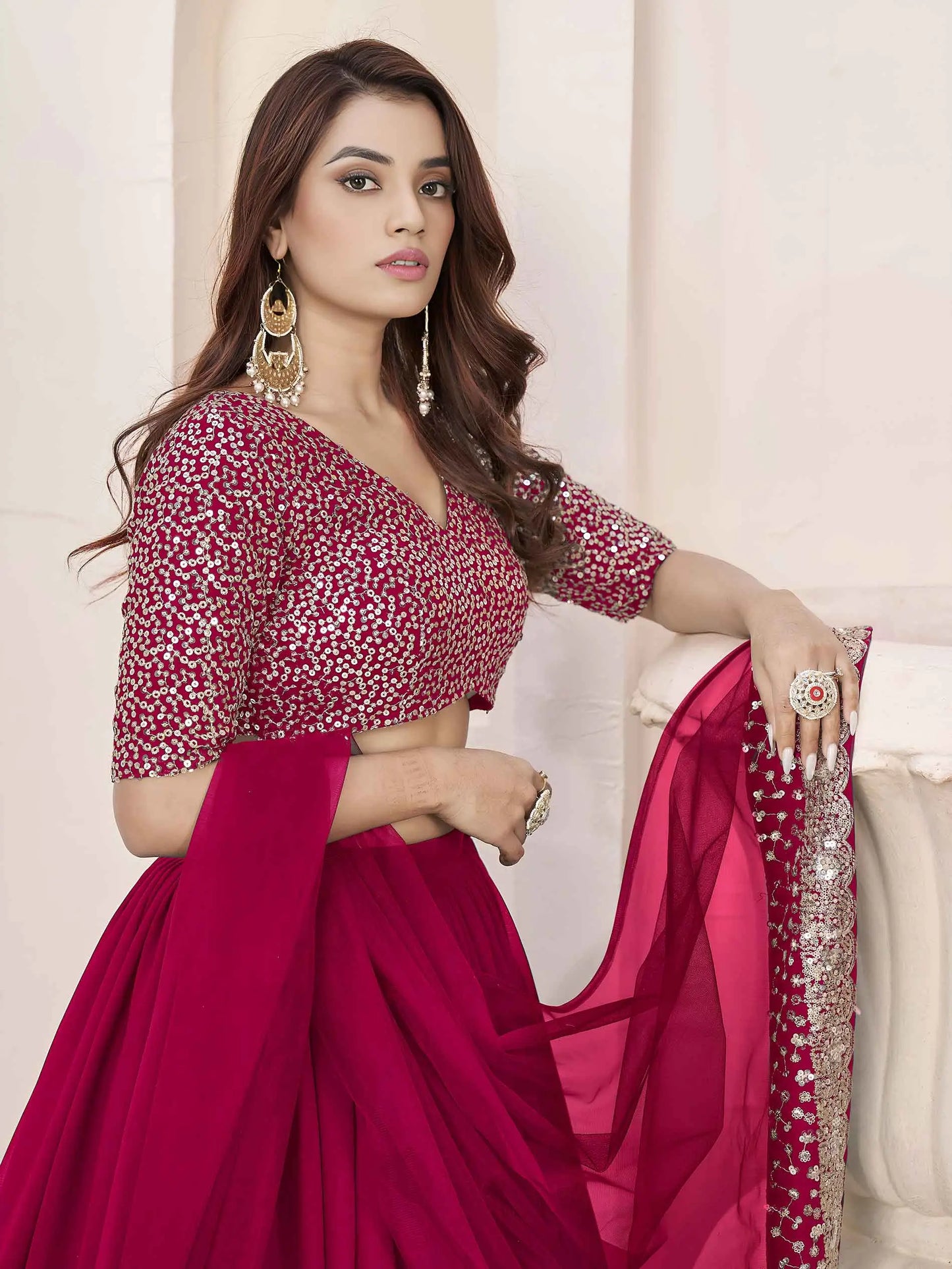 Pink Zari Sequins Embroidery Work Lehenga