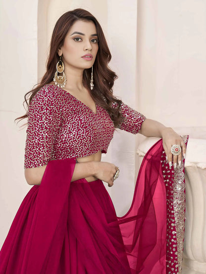 Pink Zari Sequins Embroidery Work Lehenga