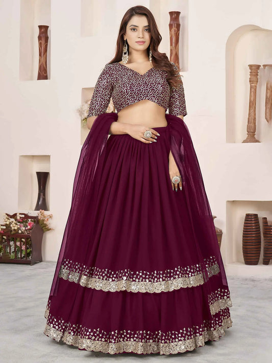 Wine Zari Sequins Embroidery Work Lehenga