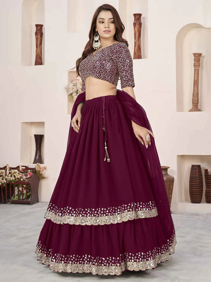 Wine Zari Sequins Embroidery Work Lehenga