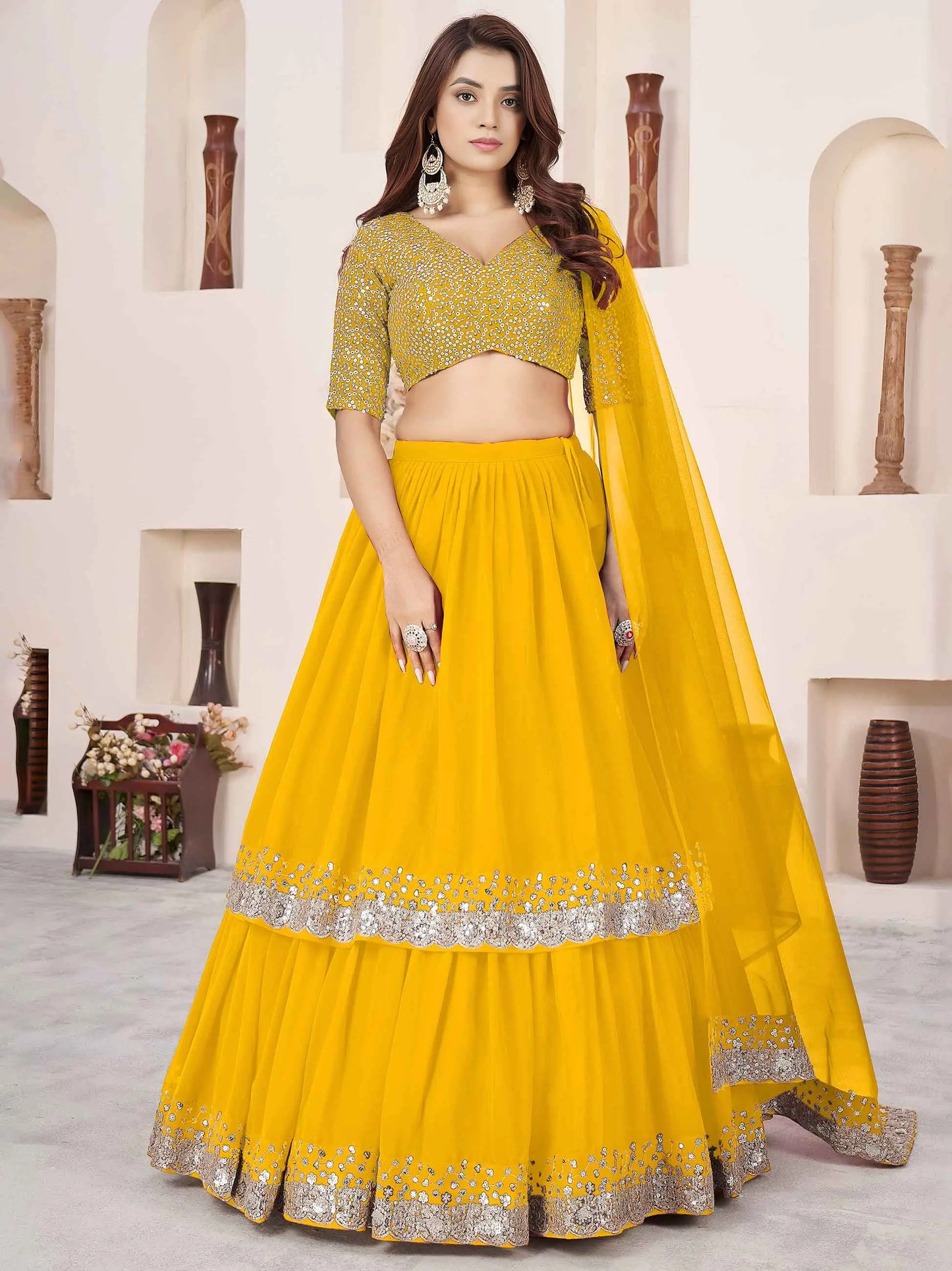 Yellow Zari Sequins Embroidery Work Lehenga