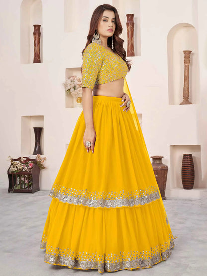 Yellow Zari Sequins Embroidery Work Lehenga