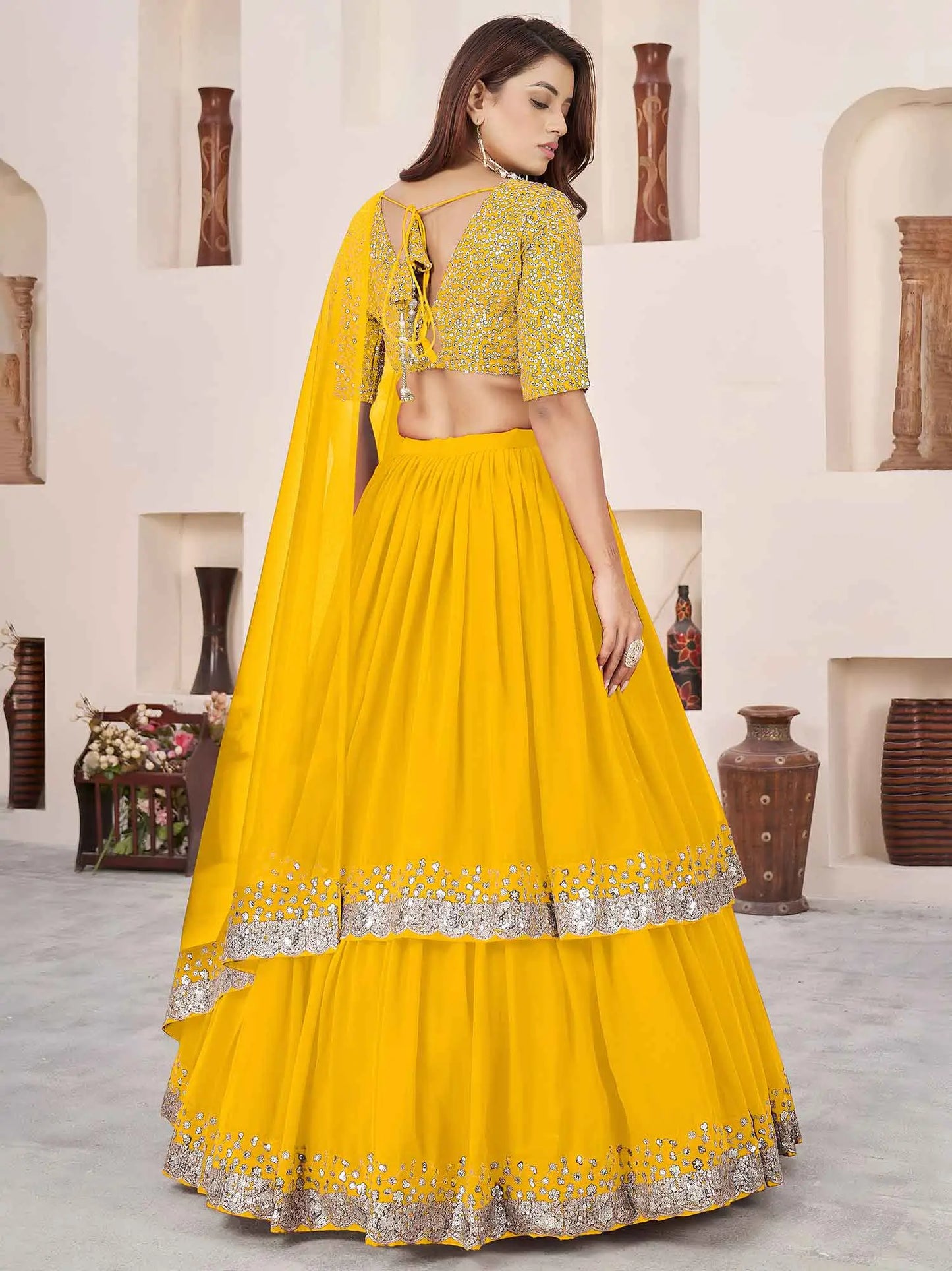 Yellow Zari Sequins Embroidery Work Lehenga