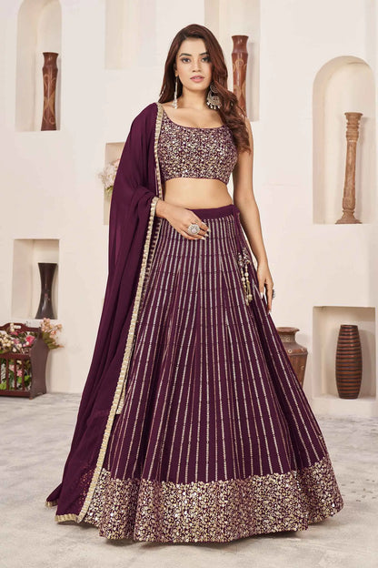 Wine Georgette Sequins And Zari Embroidered Lehenga choli