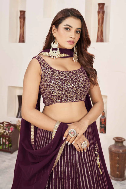 Wine Georgette Sequins And Zari Embroidered Lehenga choli