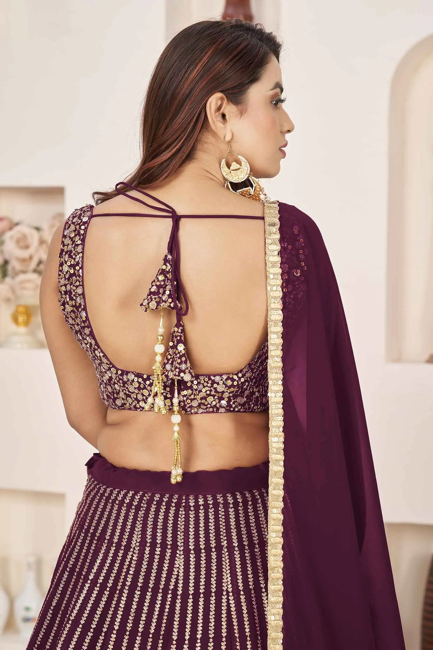 Wine Georgette Sequins And Zari Embroidered Lehenga choli