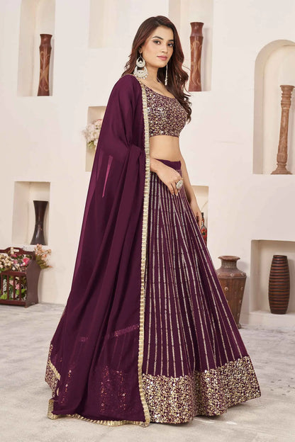 Wine Georgette Sequins And Zari Embroidered Lehenga choli