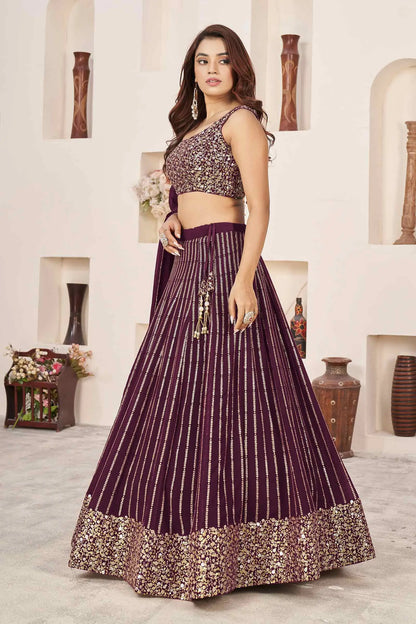 Wine Georgette Sequins And Zari Embroidered Lehenga choli