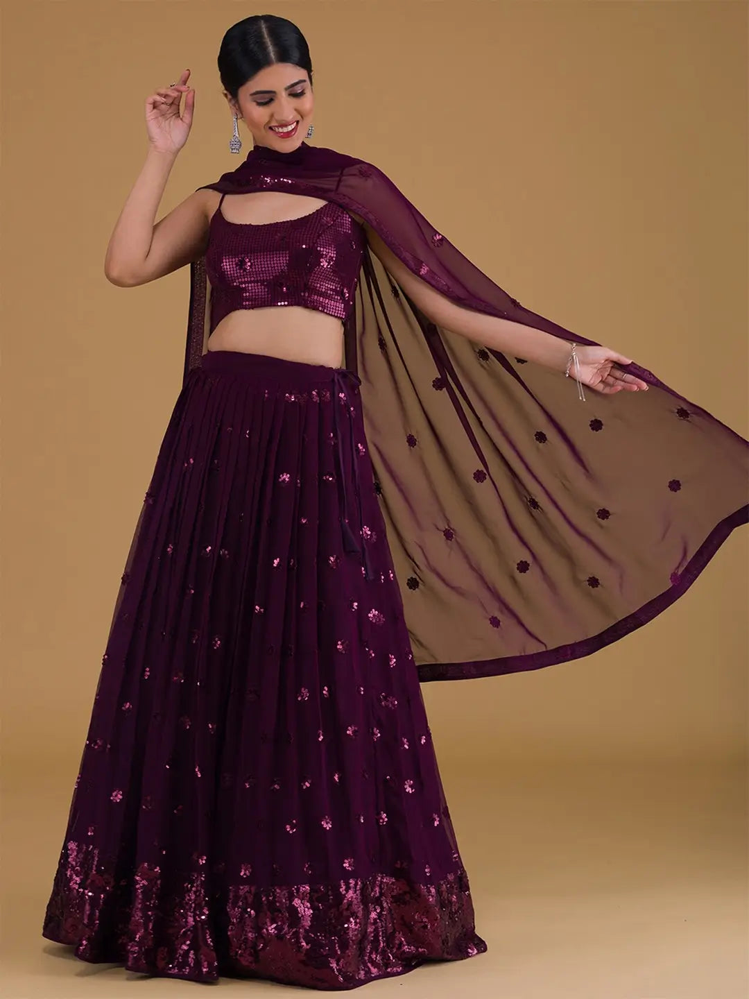 Wonderful Wine Designer Sequins Embroidery Work Party Wear Lehenga