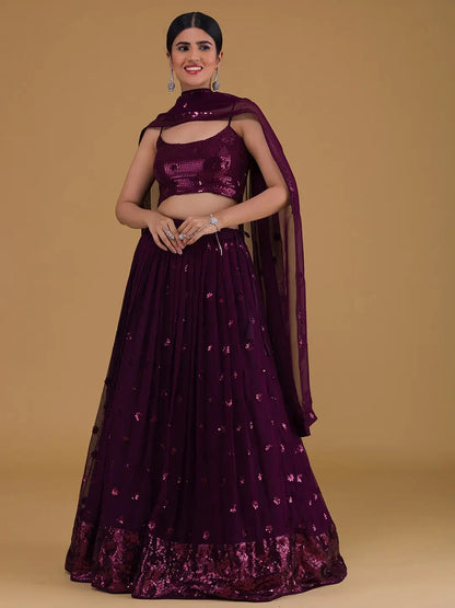 Wonderful Wine Designer Sequins Embroidery Work Party Wear Lehenga