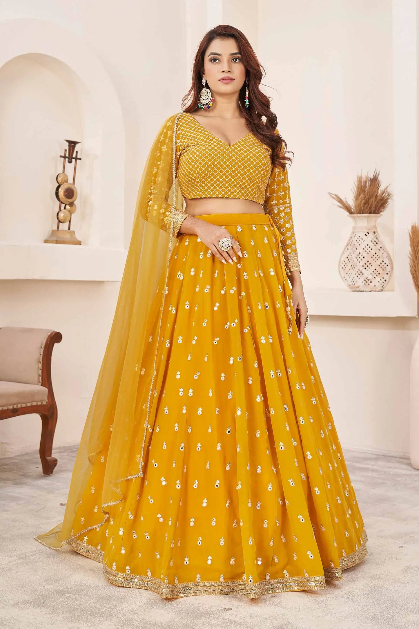 Yellow Multi Colored Thread With Sequins Embroidered Work Georgette Lehenga Choli