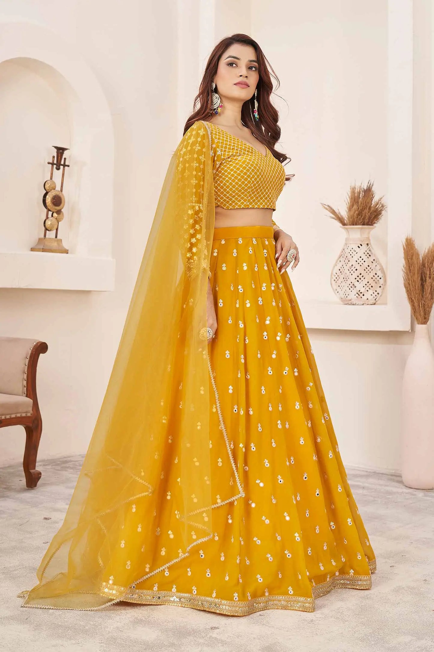 Yellow Multi Colored Thread With Sequins Embroidered Work Georgette Lehenga Choli