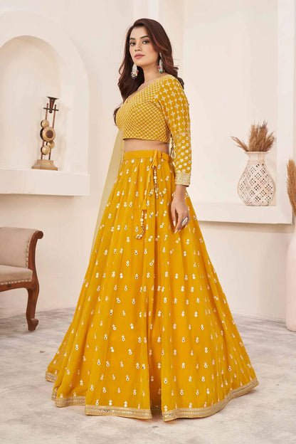 Yellow Multi Colored Thread With Sequins Embroidered Work Georgette Lehenga Choli