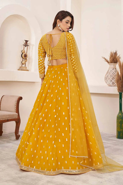 Yellow Multi Colored Thread With Sequins Embroidered Work Georgette Lehenga Choli