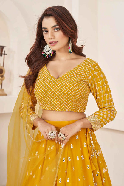 Yellow Multi Colored Thread With Sequins Embroidered Work Georgette Lehenga Choli