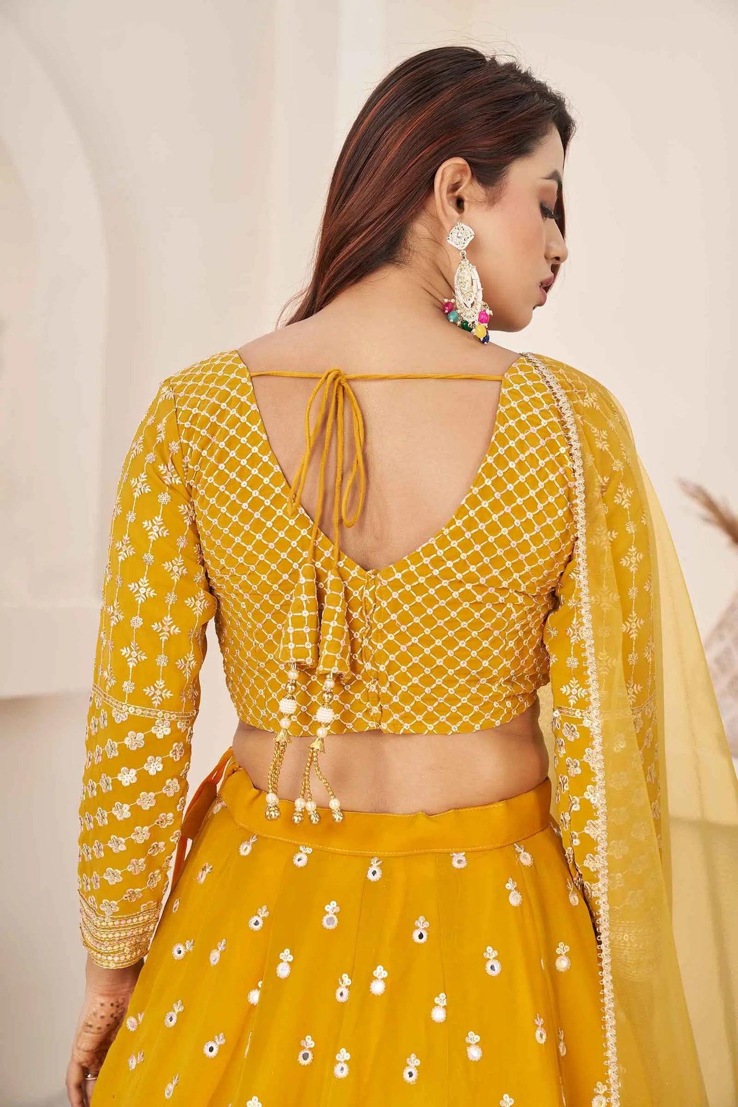 Yellow Multi Colored Thread With Sequins Embroidered Work Georgette Lehenga Choli