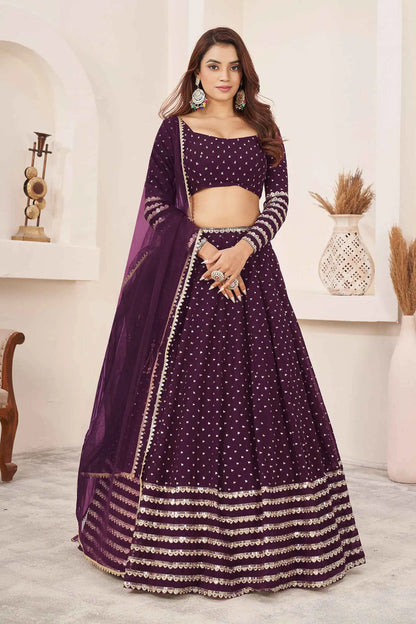 Wine Zari Sequins Embroidery Work Georgette Lehenga Choli