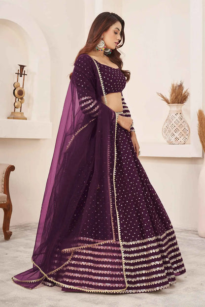 Wine Zari Sequins Embroidery Work Georgette Lehenga Choli