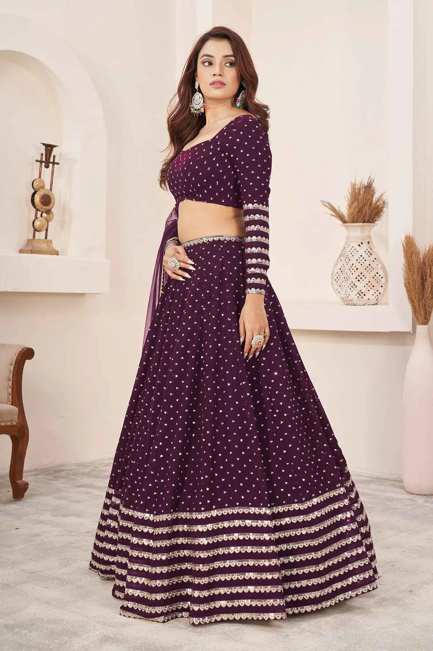 Wine Zari Sequins Embroidery Work Georgette Lehenga Choli