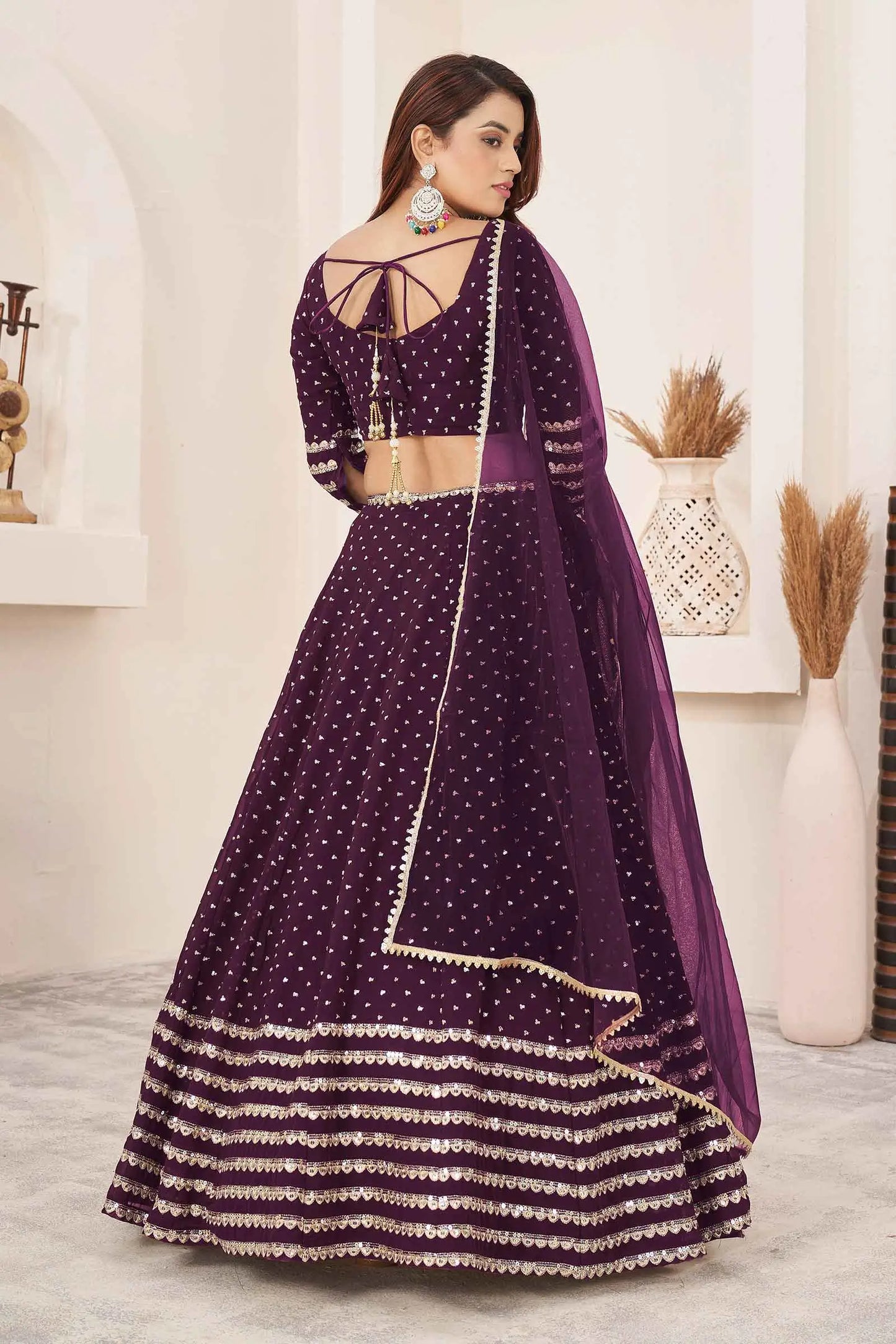 Wine Zari Sequins Embroidery Work Georgette Lehenga Choli