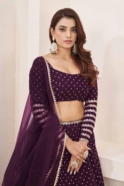 Wine Zari Sequins Embroidery Work Georgette Lehenga Choli