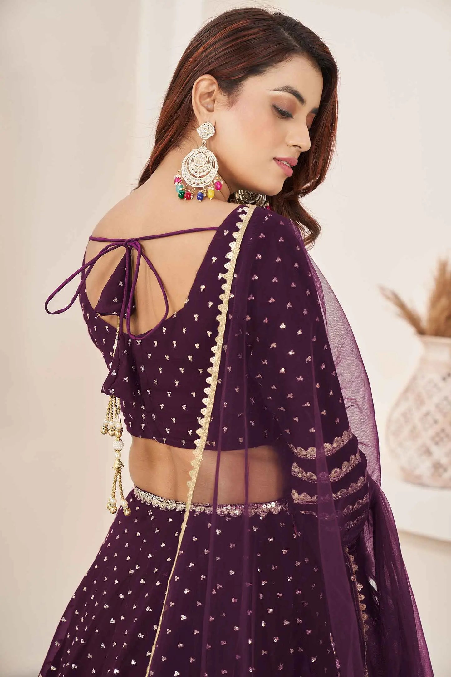 Wine Zari Sequins Embroidery Work Georgette Lehenga Choli