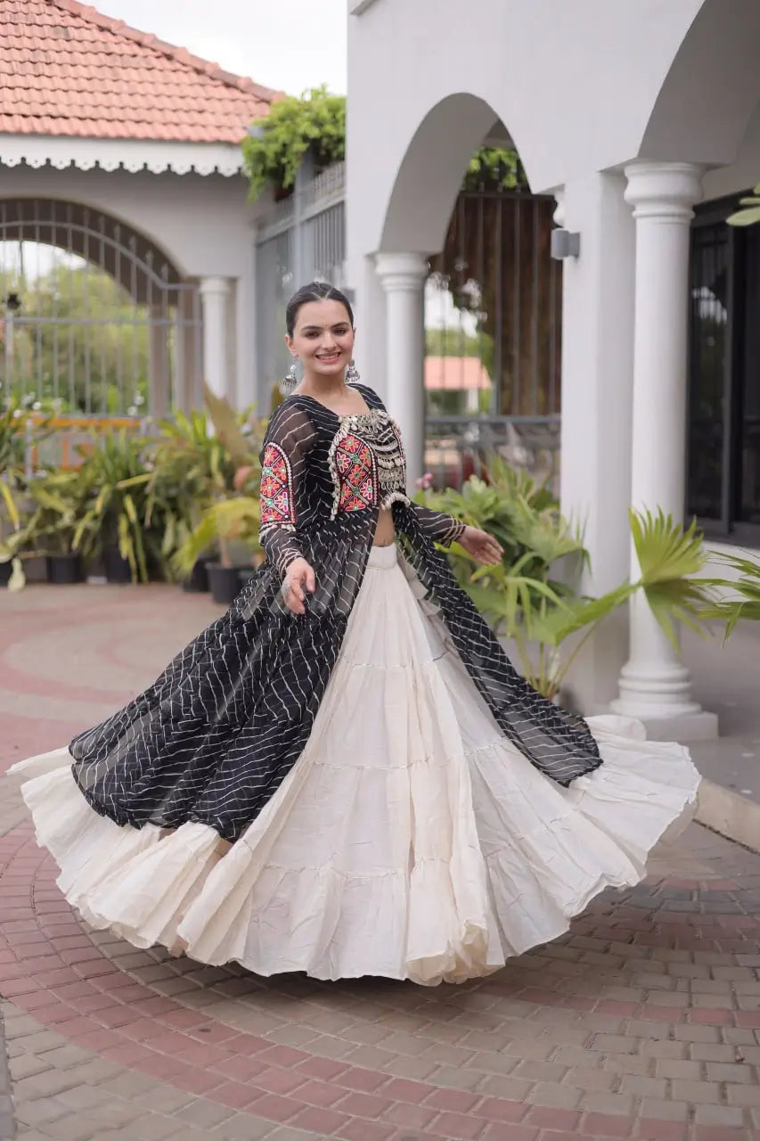 Black Lehriya Print Kurti Lehenga With Kutchi Patchwork For Navratri