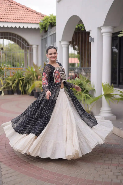 Black Lehriya Print Kurti Lehenga With Kutchi Patchwork For Navratri