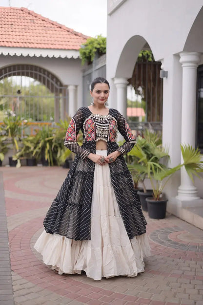 Black Lehriya Print Kurti Lehenga With Kutchi Patchwork For Navratri