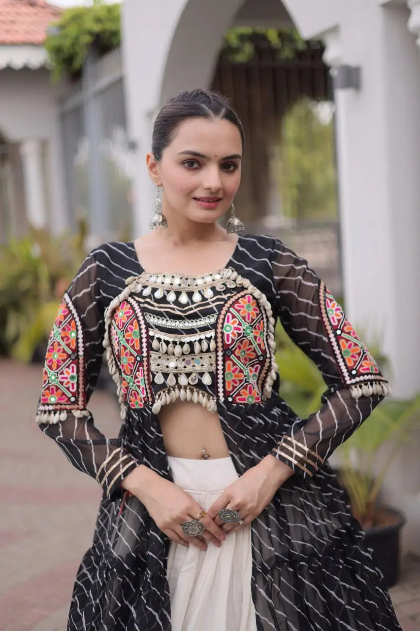 Black Lehriya Print Kurti Lehenga With Kutchi Patchwork For Navratri