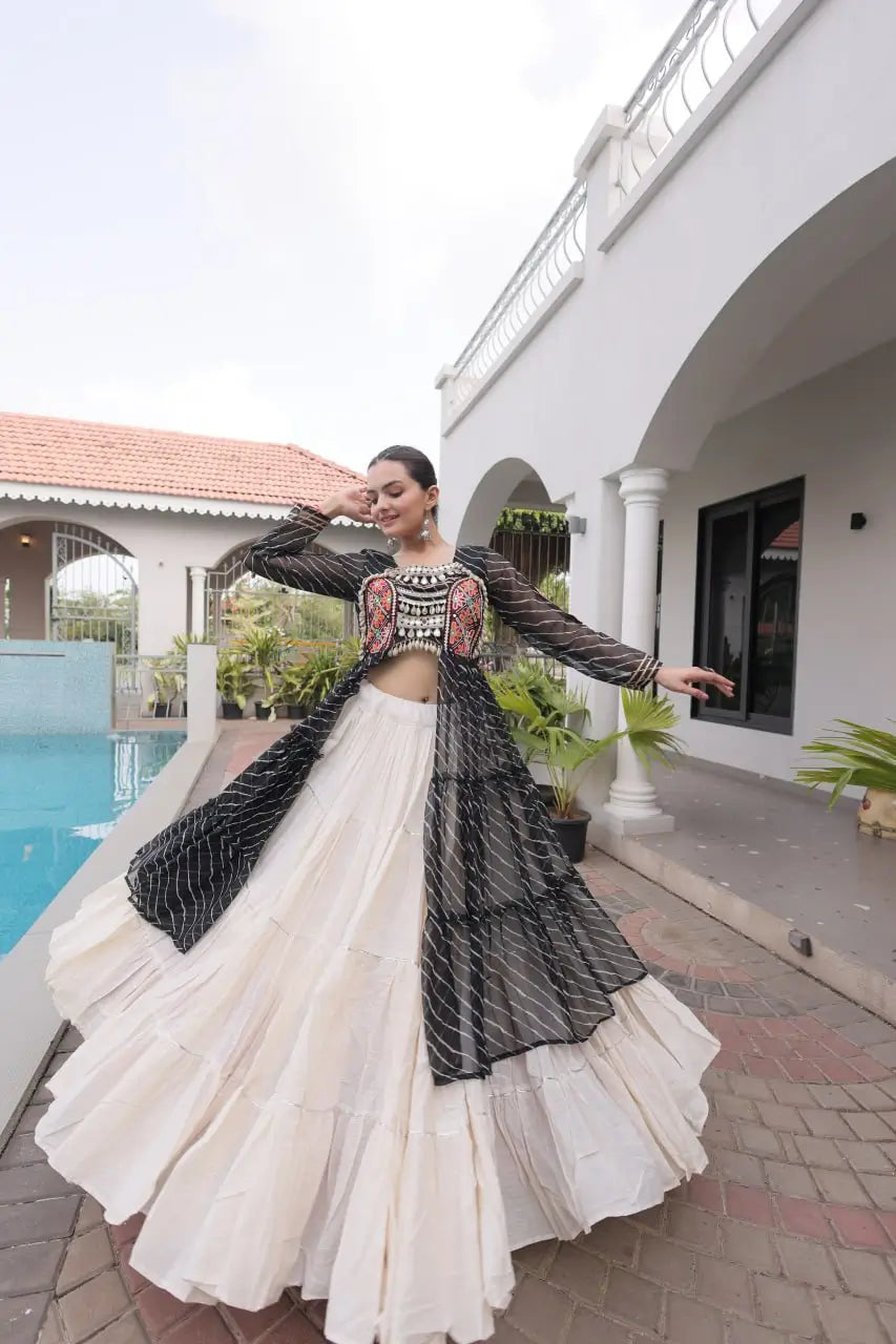 Black Lehriya Print Kurti Lehenga With Kutchi Patchwork For Navratri