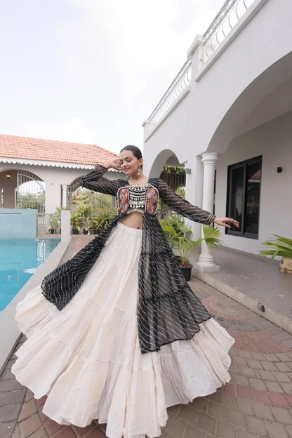 Black Lehriya Print Kurti Lehenga With Kutchi Patchwork For Navratri