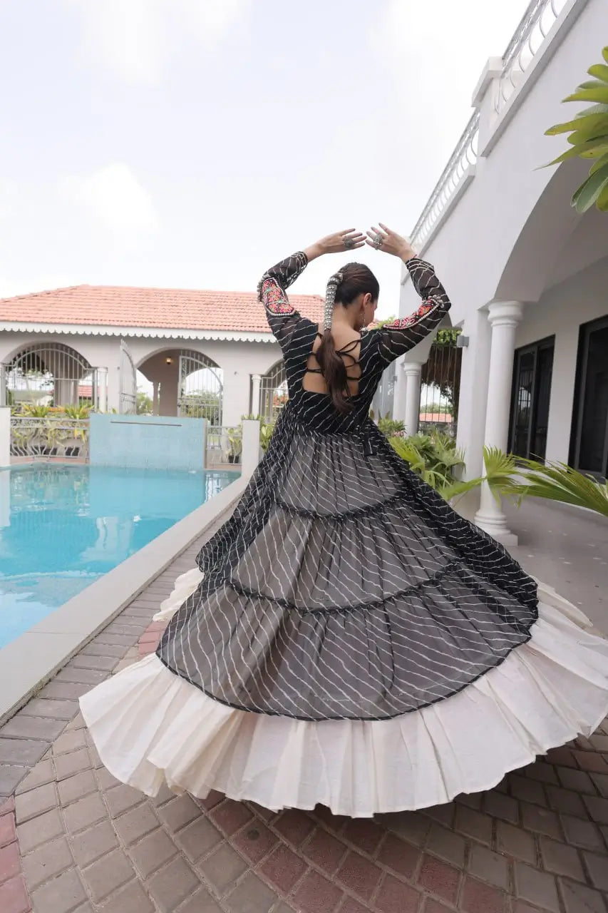 Black Lehriya Print Kurti Lehenga With Kutchi Patchwork For Navratri