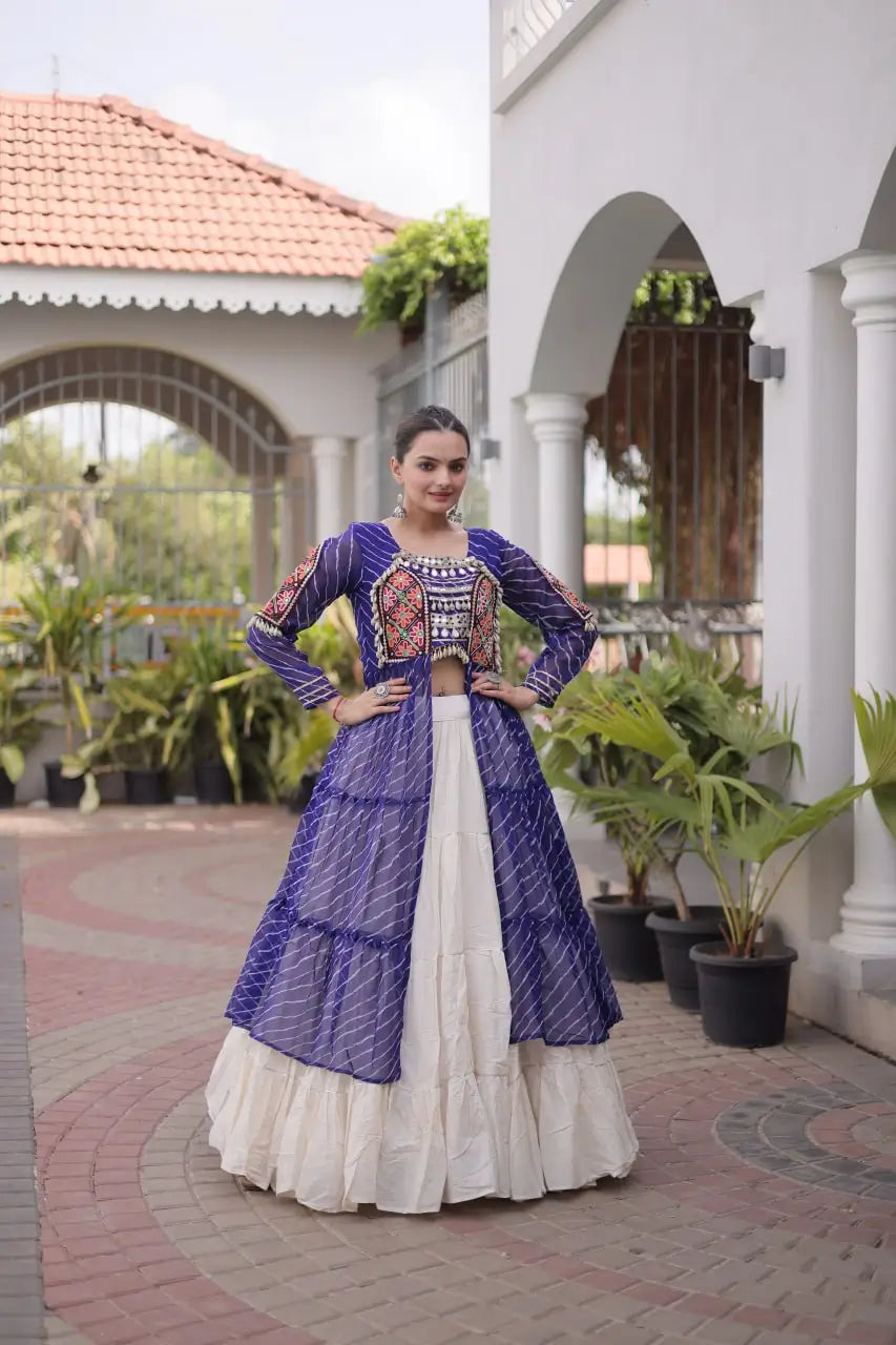 Blue Lehriya Print Kurti Lehenga With Kutchi Patchwork For Navratri
