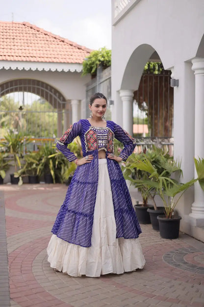 Blue Lehriya Print Kurti Lehenga With Kutchi Patchwork For Navratri