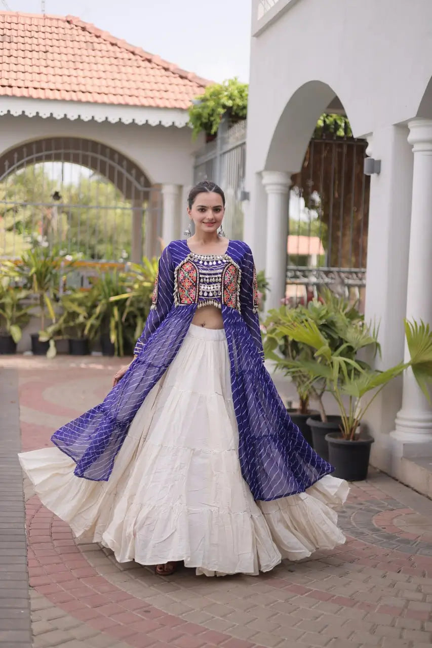 Blue Lehriya Print Kurti Lehenga With Kutchi Patchwork For Navratri