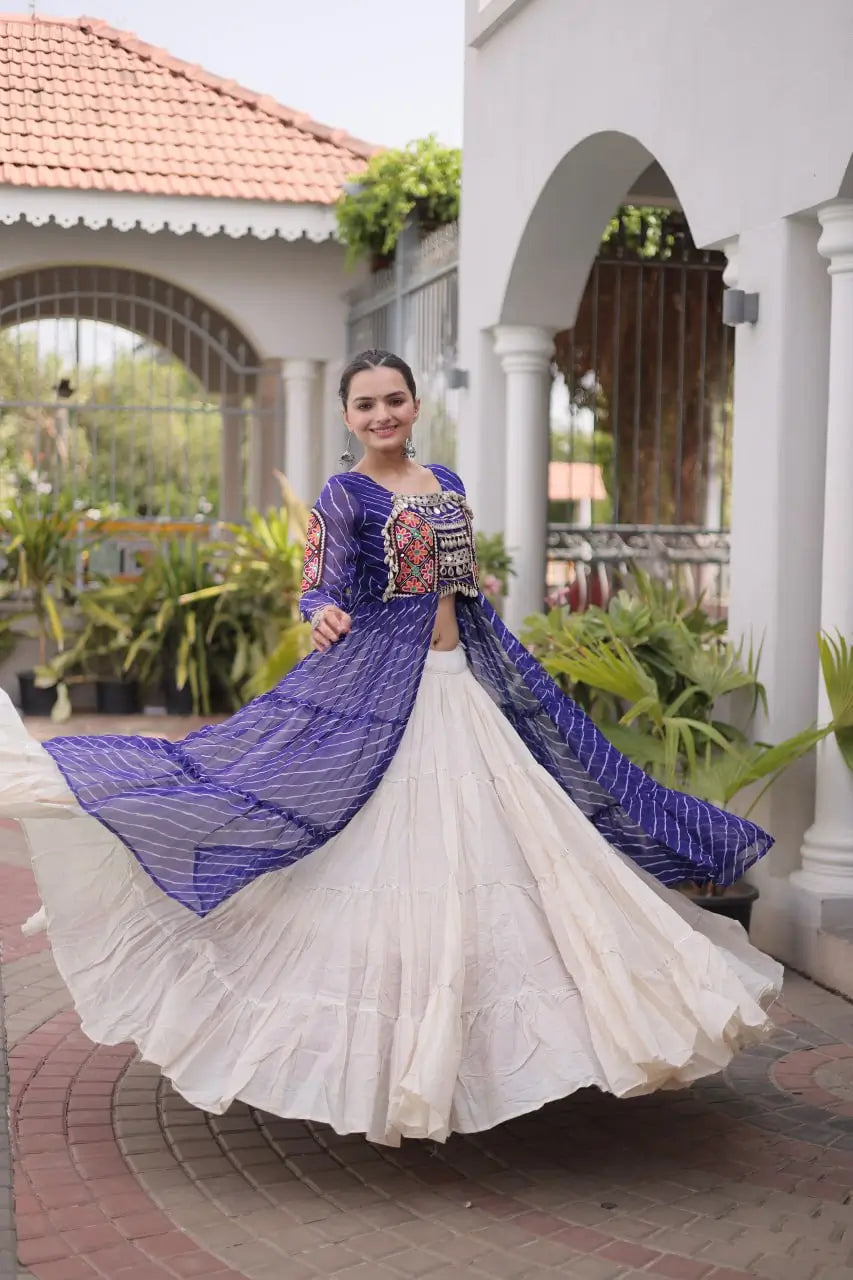 Blue Lehriya Print Kurti Lehenga With Kutchi Patchwork For Navratri