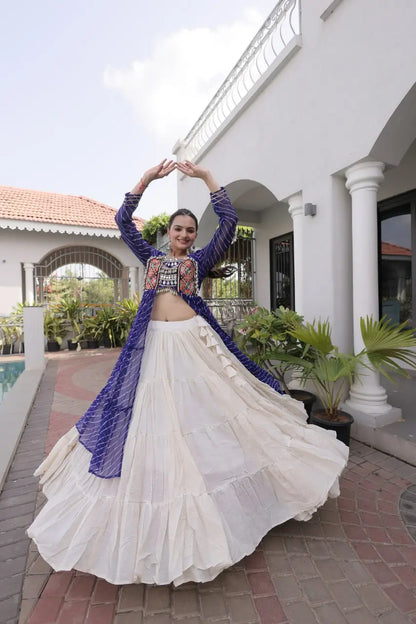 Blue Lehriya Print Kurti Lehenga With Kutchi Patchwork For Navratri