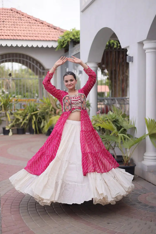 Pink Lehriya Print Kurti Lehenga With Kutchi Patchwork For Navratri