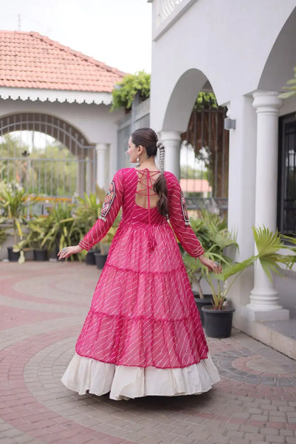 Pink Lehriya Print Kurti Lehenga With Kutchi Patchwork For Navratri